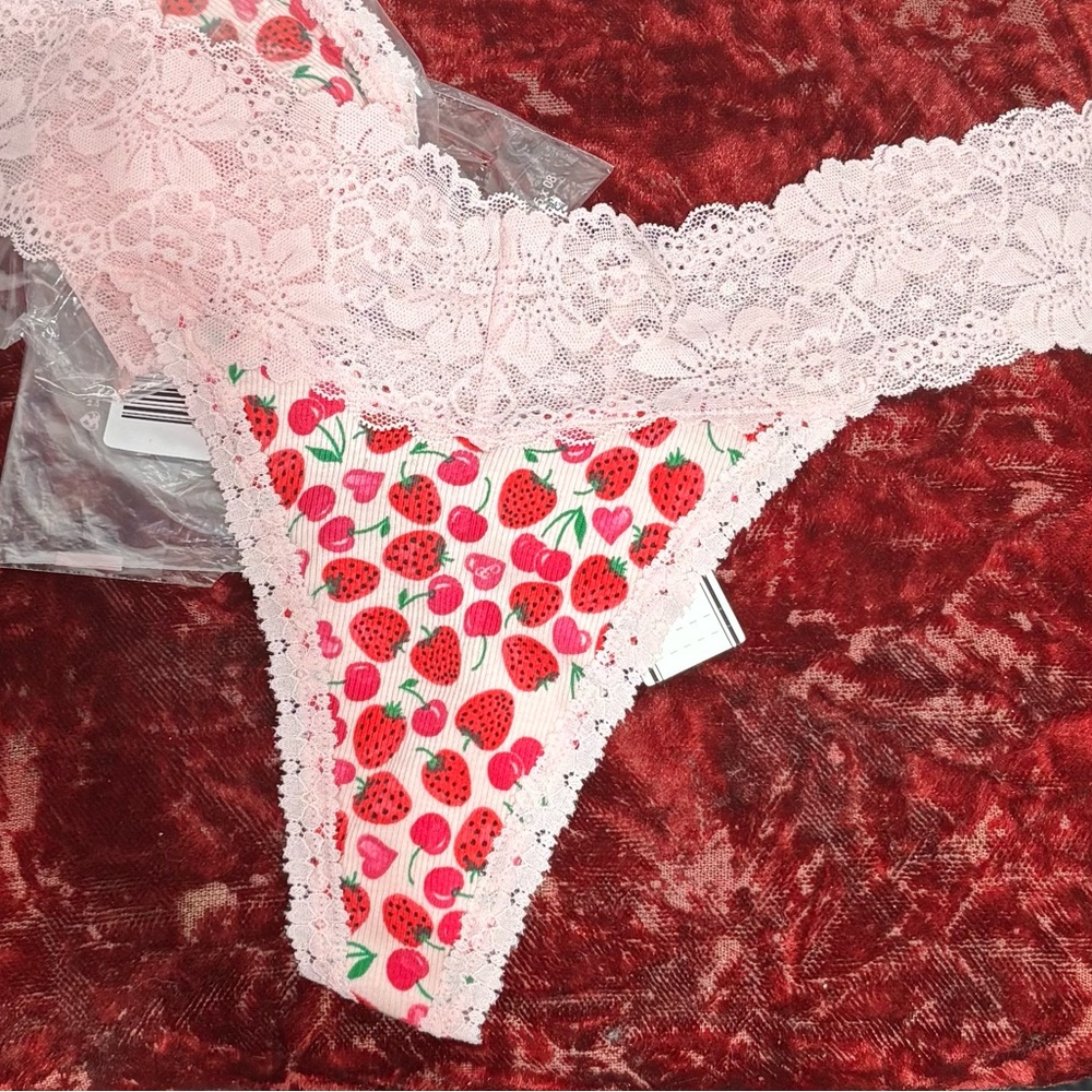 NWT Pink by Victoria Secret “berry” lace (2) pink thong panties